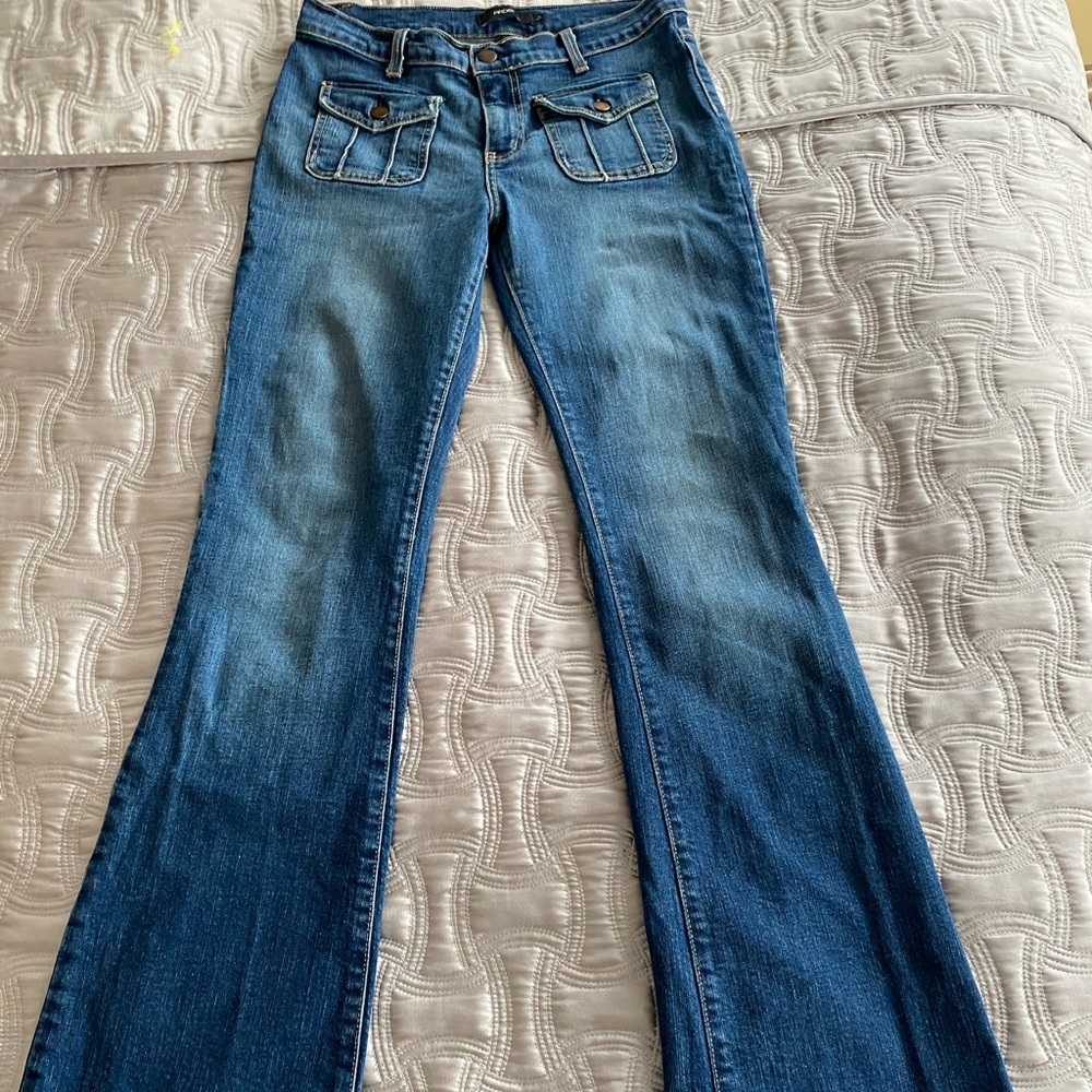 Arden B Dark Wash Mid Rise Distressed Women Flare Premium Denim Jeans Sz8